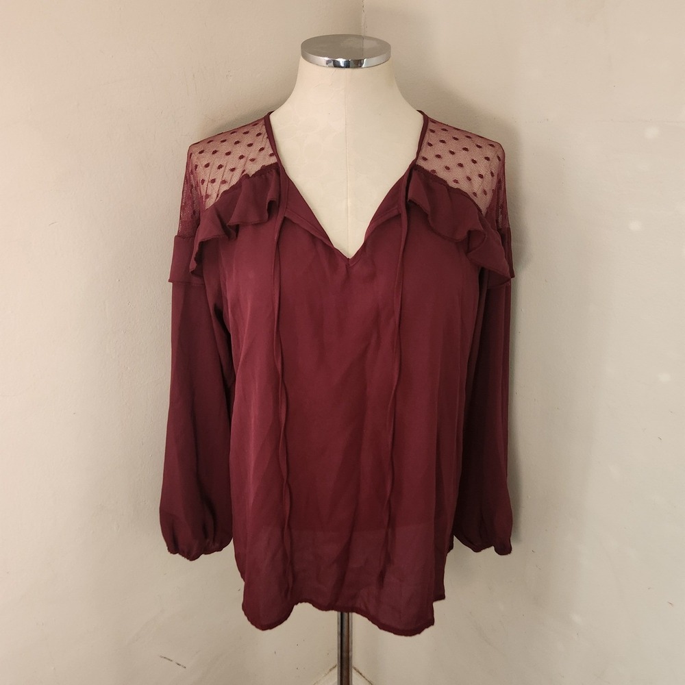Luna Rae Burgundy Polka Dot Mesh Ruffle V Neck Tie Long Sleeve Blouse XL
